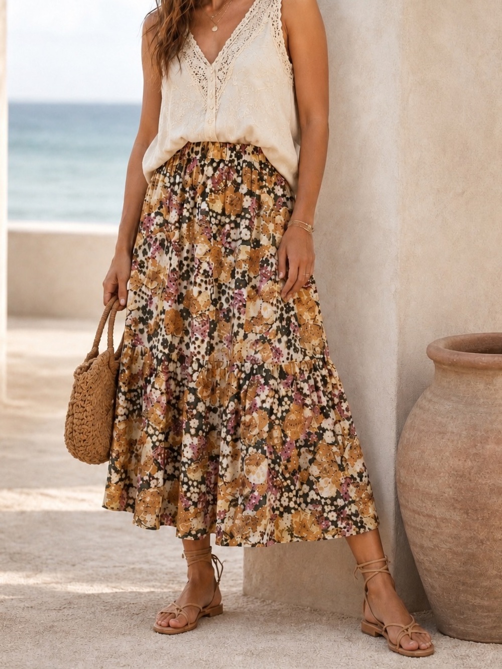 BA&SH Tiered Floral Midi Skirt M Semi Sheer Pull-On Hippie Festival Beach Resort